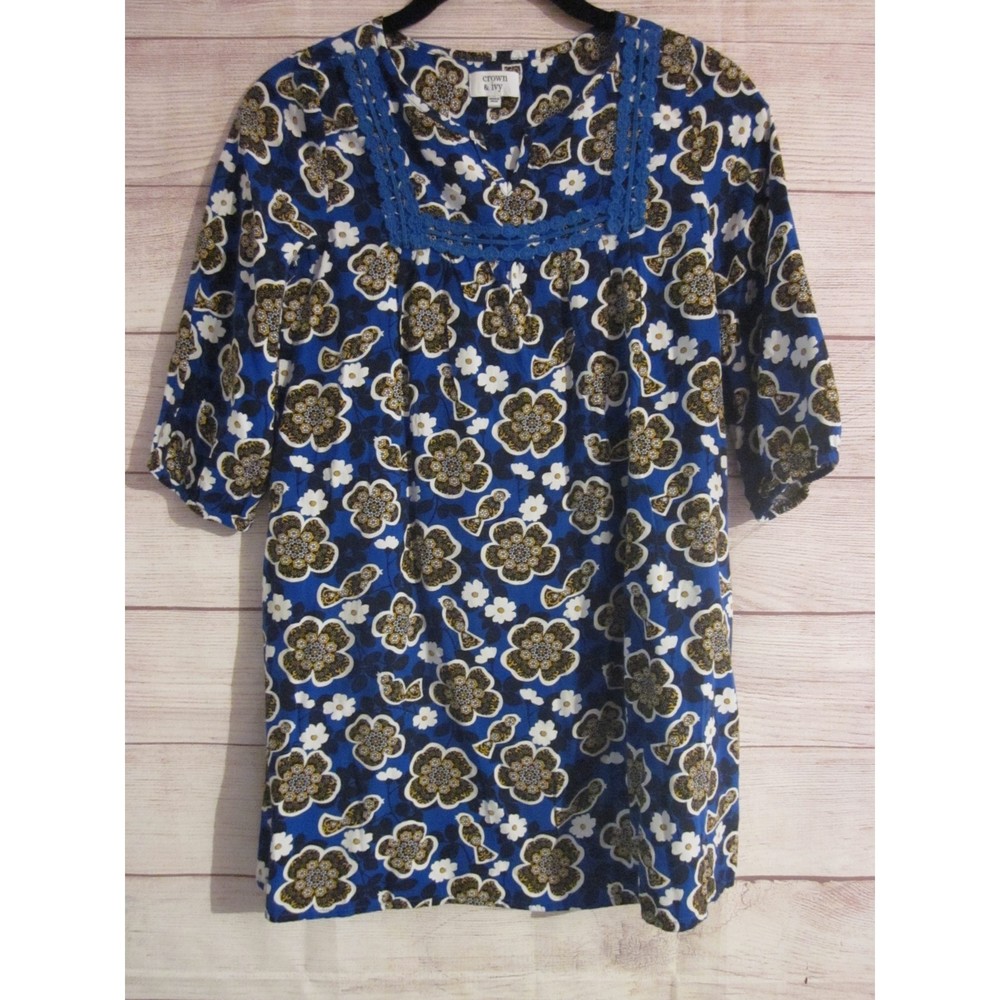 Crown & Ivy Girls Size 10 Knit Shift 3/4 Sleeve Length Blue White Floral Birds
